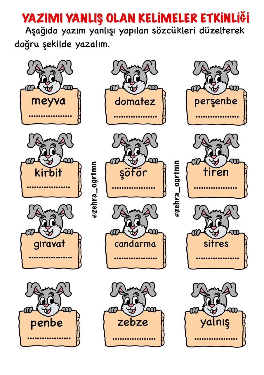 Yazımı Yanlış  Olan Kelimeler Etkinliği 1