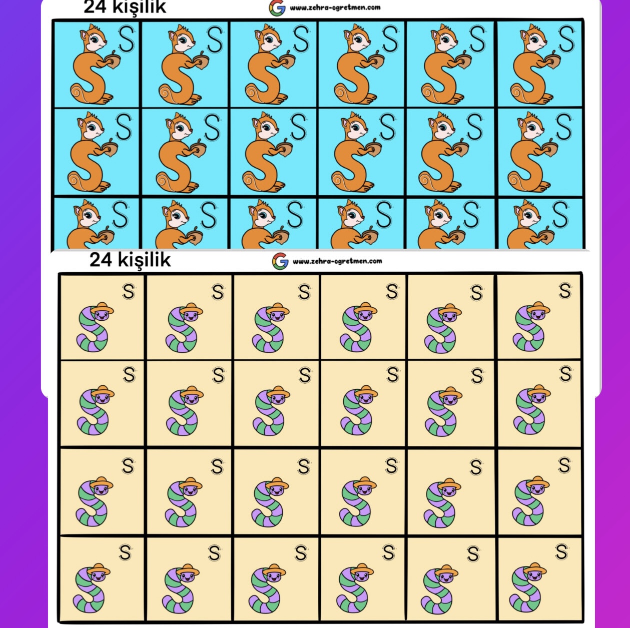 S Sesi Deftere Yapıştırmalık Görseller Solucan ve Sincap ( 15 24 30 48 Öğrenci İçin ) RENKLİ