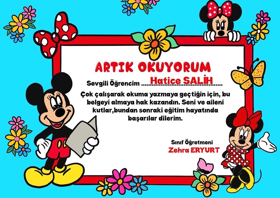 Mickeyli Minnieli Artık Okuyorum Belgeleri ( Renkli Renksiz)
