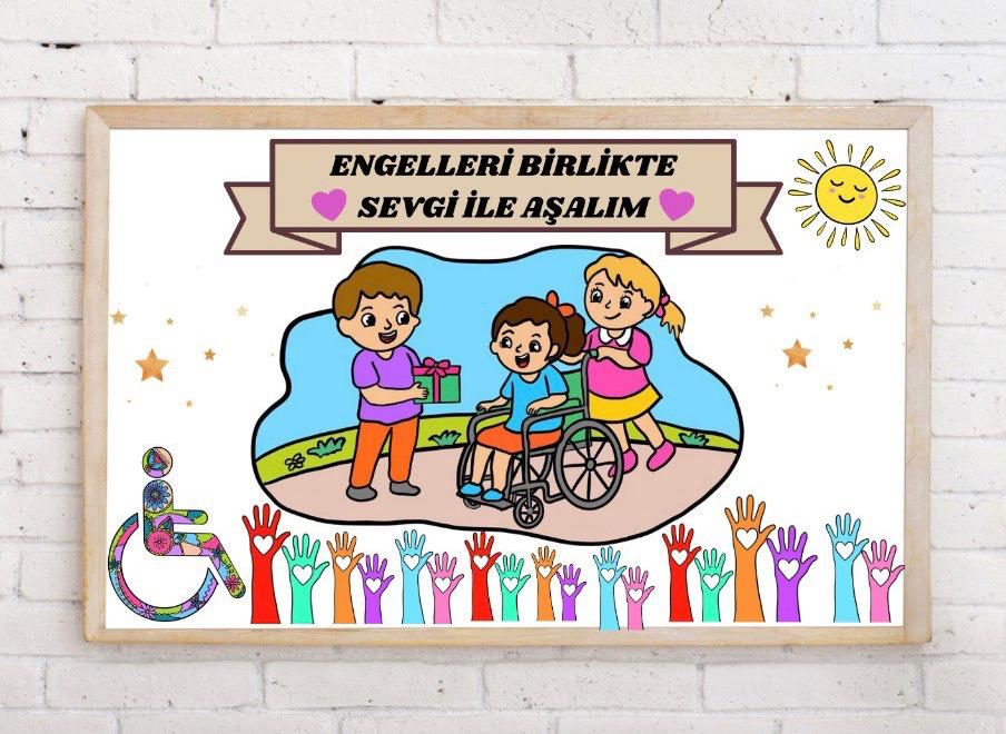 (4 a4) 3 Aralık Dünya Engelliler Günü Pano Etkinliği Çocuklar ve Çiçekli Tekerlekli Sandalye