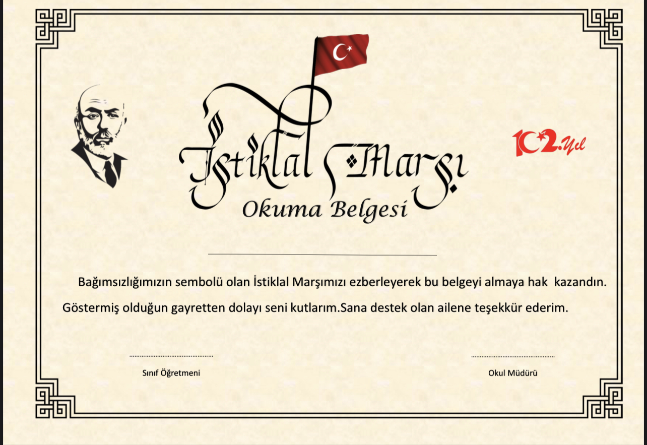 İstiklal Marşı Okuma Belgesi