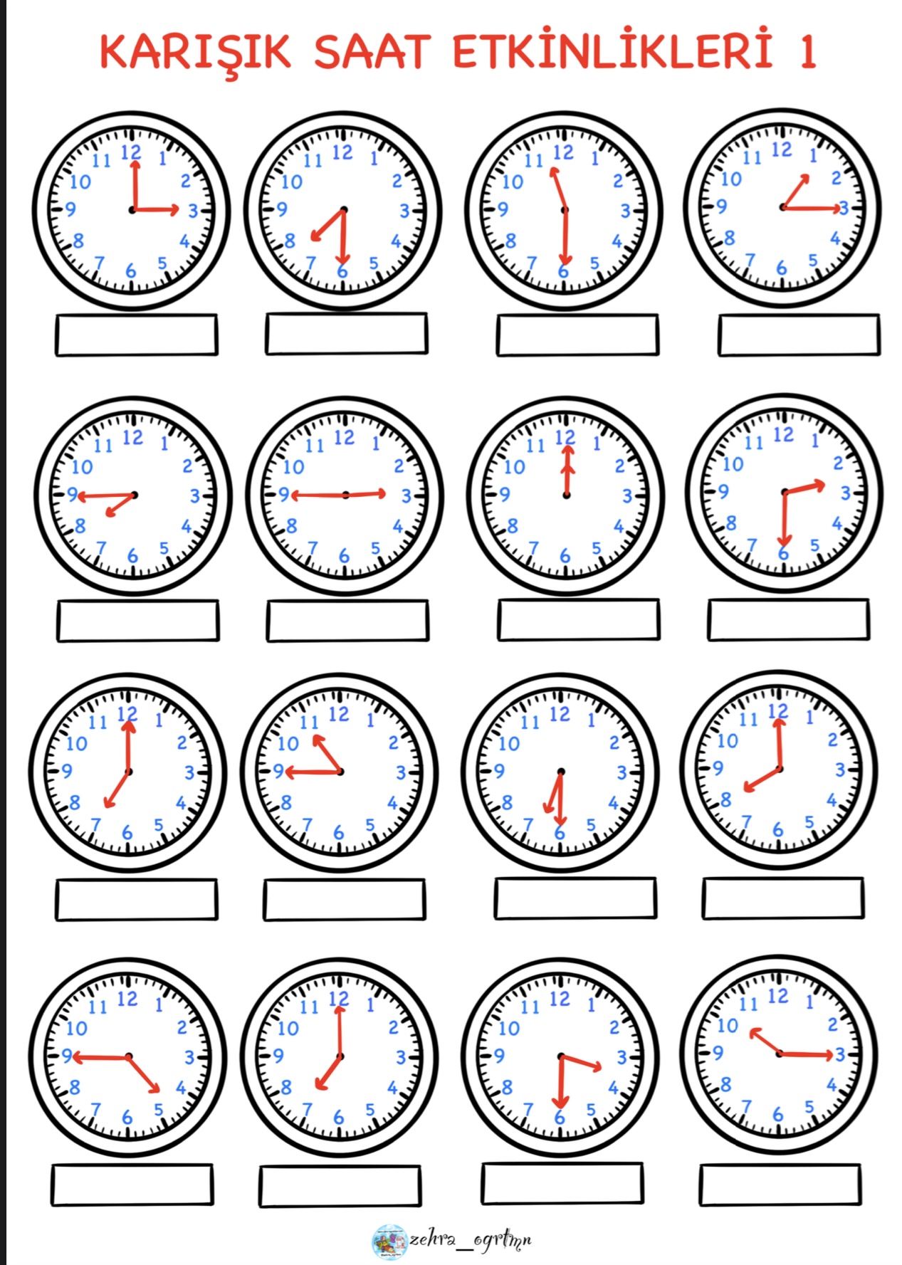 Tam Yarım Çeyrek Saat Çalışma Sayfaları ( Renksiz)