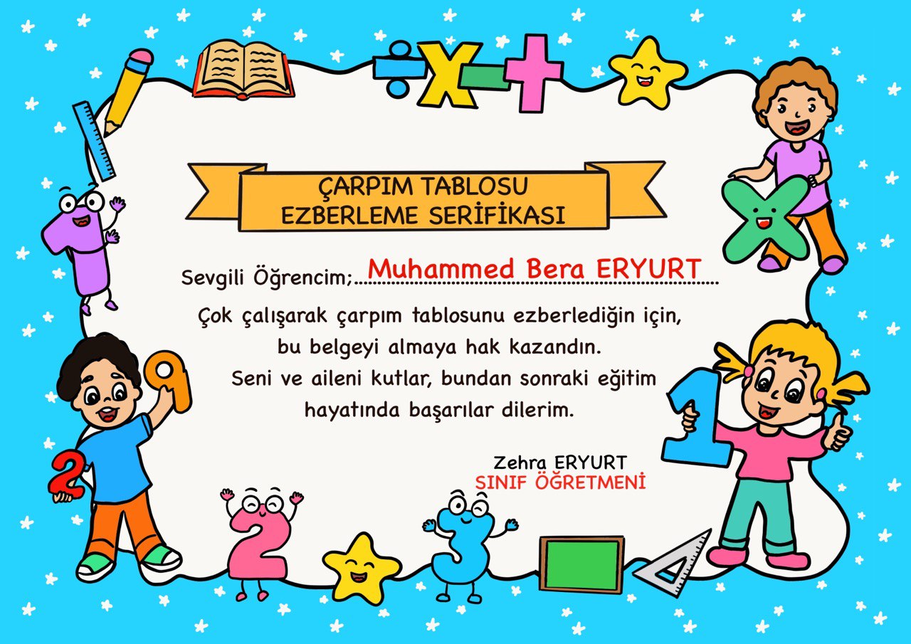 Çarpım Tablosu Ezberleme Sertifikası