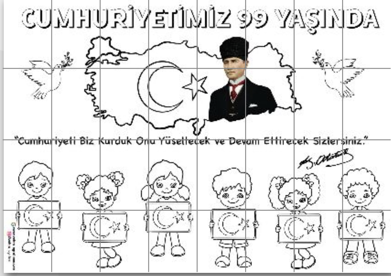 32 A4 RENKSİZ Atatürk Haritalı Cumhuriyetimiz 99 Yaşında Grup Boyama Çalışması