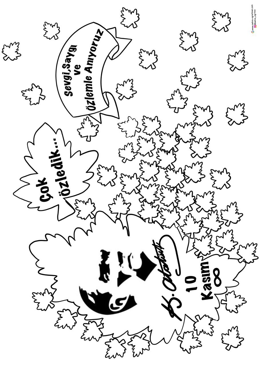 A4 10 Kasım Yapraklı Boyama Sayfası