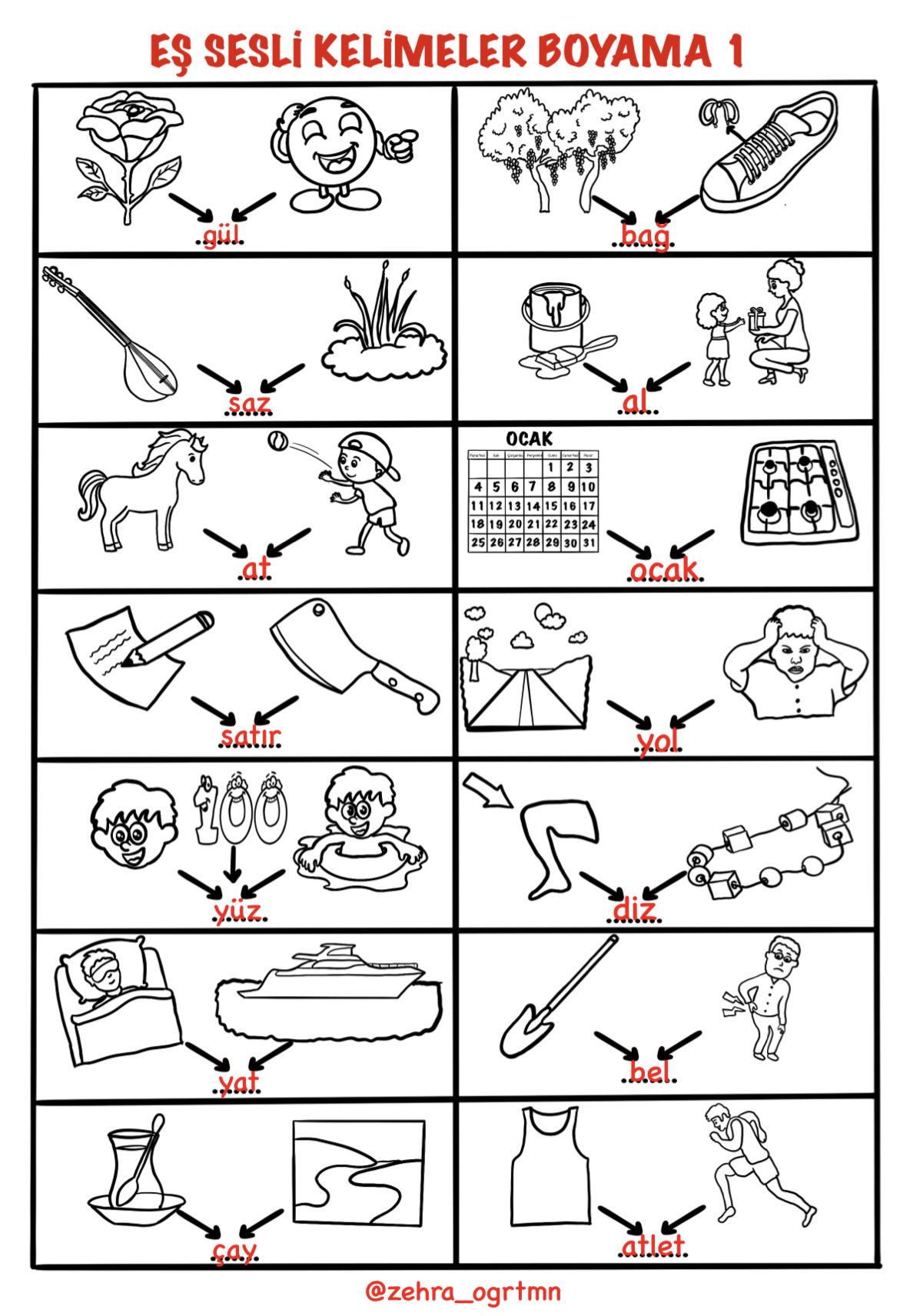 Eş Sesli Kelimeler Deftere Yapıştırmalık Boyamalı Etkinlikler