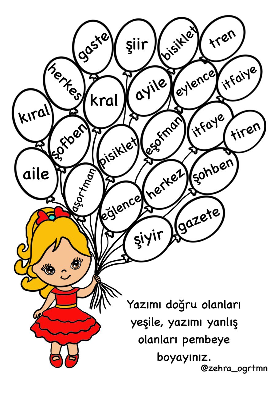 Yazımı Karıştırılan Sözcükler Balon Etkinliği (Kızlar İçin)
