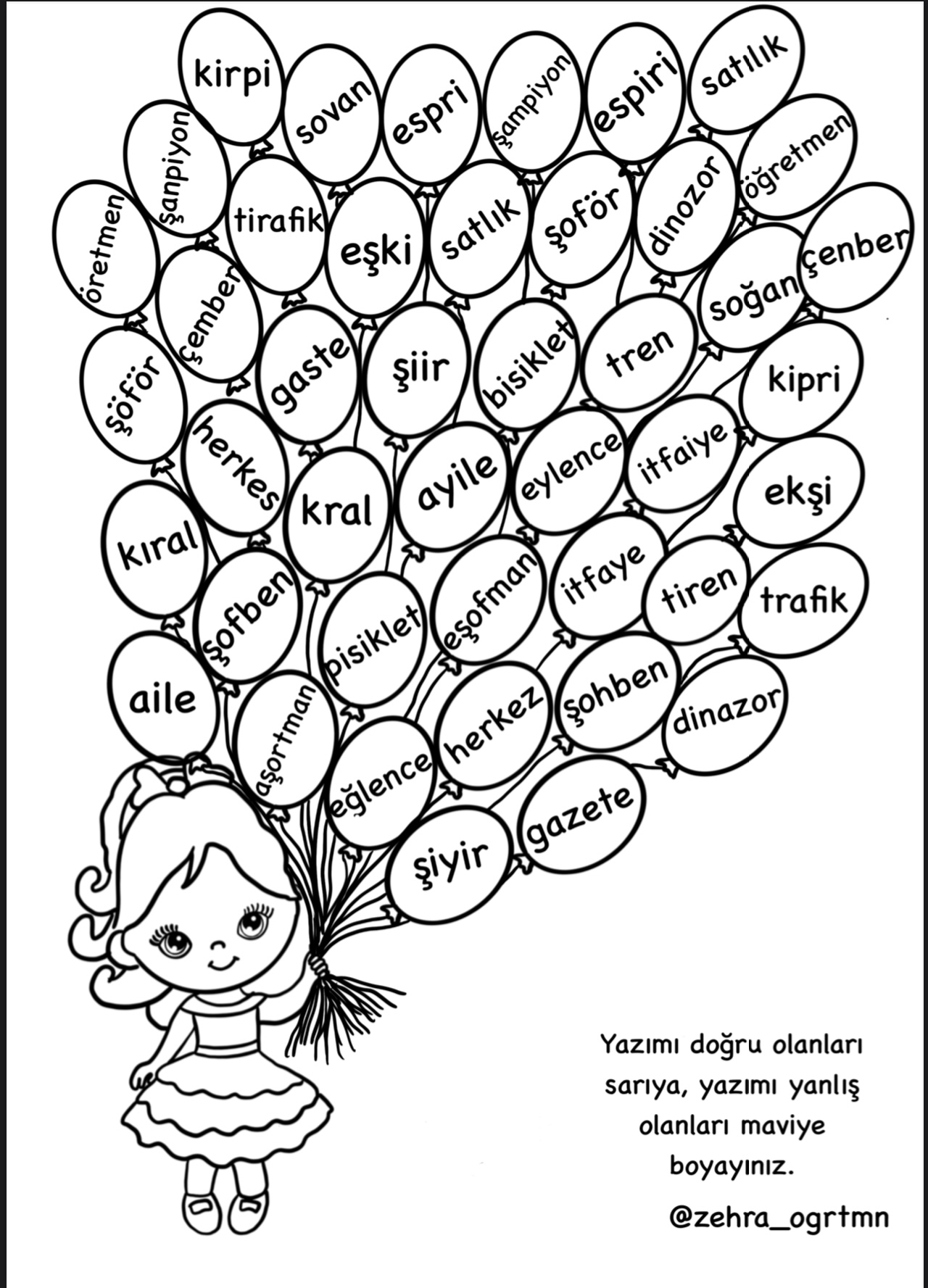 Yazımı Karıştırılan Sözcükler Balon Etkinliği Kız ve Erkek Boyamalı