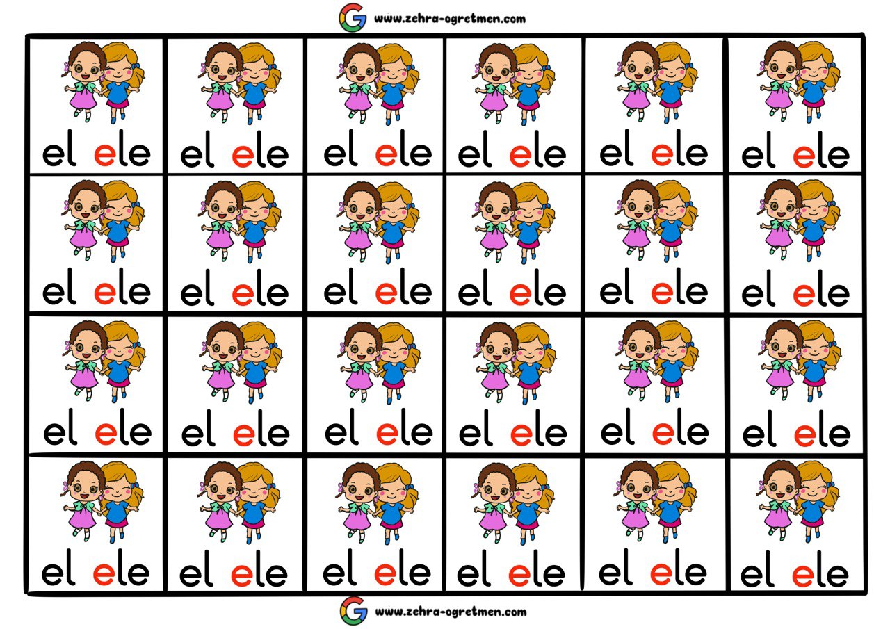 24 Öğrenci İçin Deftere Yapıştırmalık ( E-L Sesi Görselleri) RENKLİ RENKSİZ