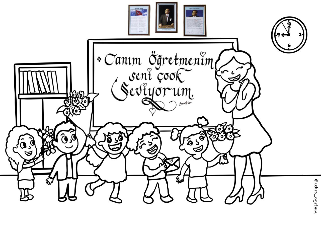 Canım Öğretmenim Seni Çok Seviyorum Öğretmen-Öğrenci Boyama Sayfaları