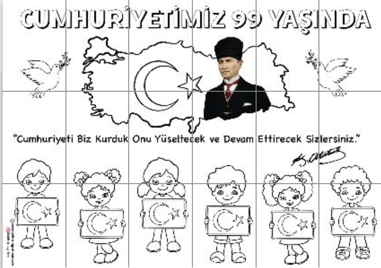 18 A4 RENKSİZ Atatürk Haritalı Cumhuriyetimiz 99 Yaşında Grup Boyama Çalışması
