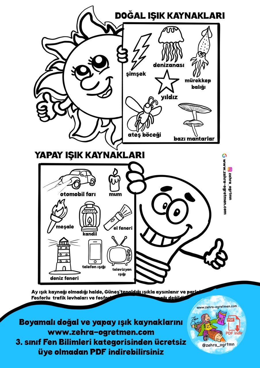 Doğal ve Yapay Işık Kaynakları Boyama Sayfası