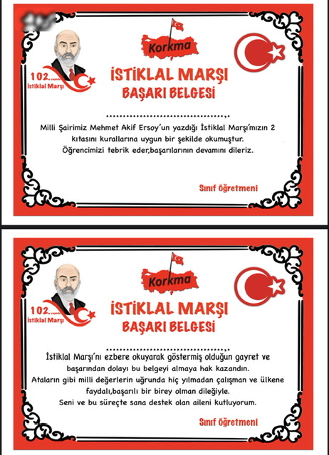 İstiklal Marşı Başarı Belgesi ( Güncellendi)