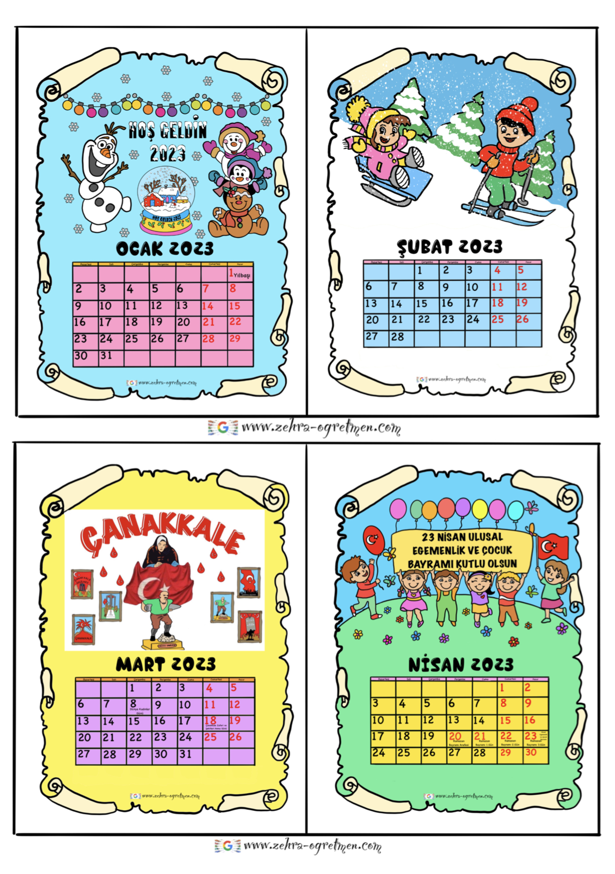 2023 Takvimi RENKLİ RENKSİZ ( A4te 4 Tane)