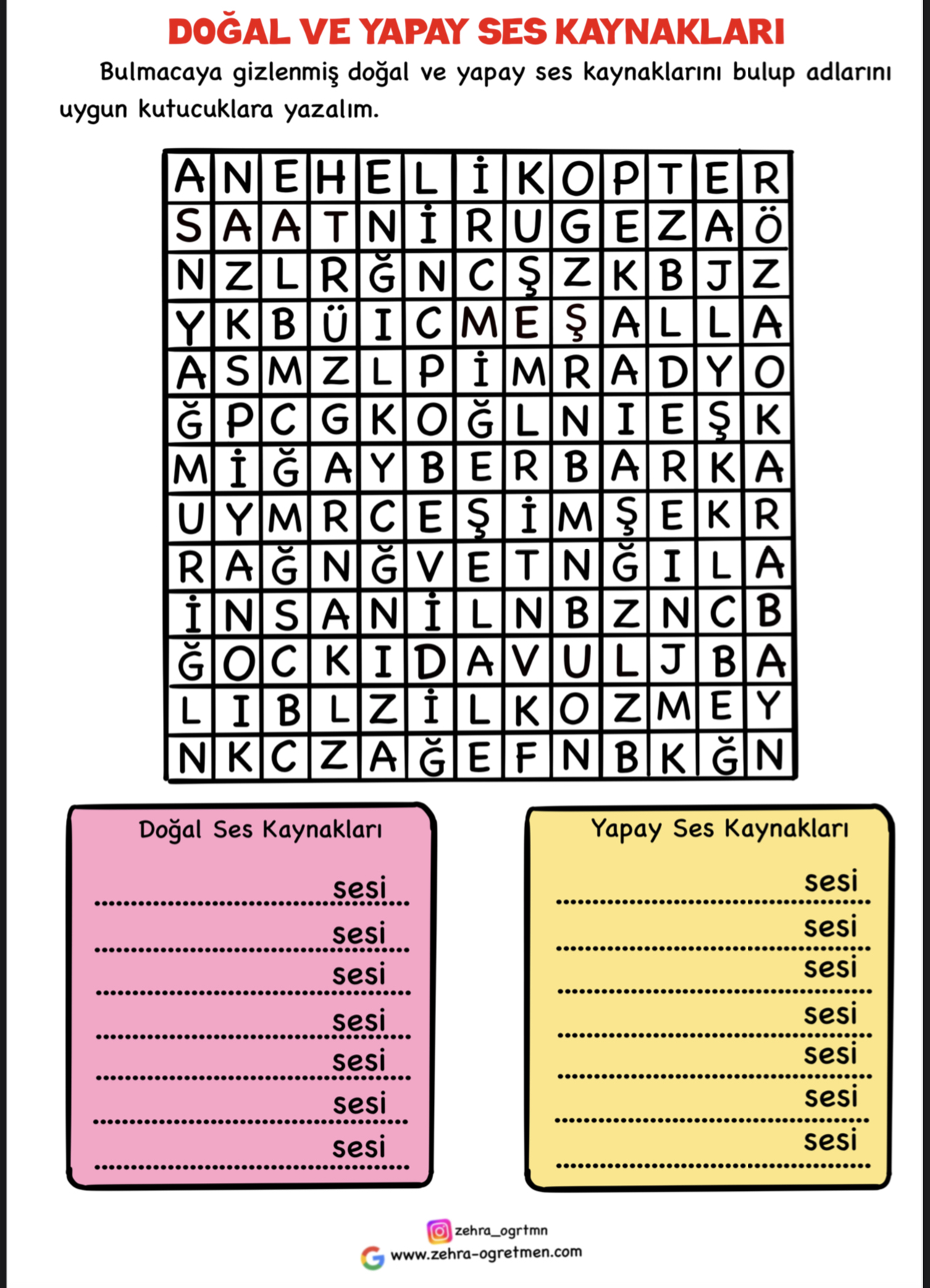 Doğal ve Yapay Ses Kaynakları Bulmaca