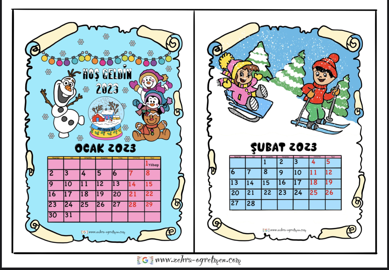 2023 Takvimi RENKLİ RENKSİZ ( A4 te 2 Tane)