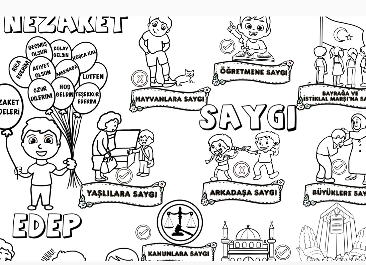 Değerler Eğitimi Saygı Edep Nezaket (A4 Boyama Sayfası)