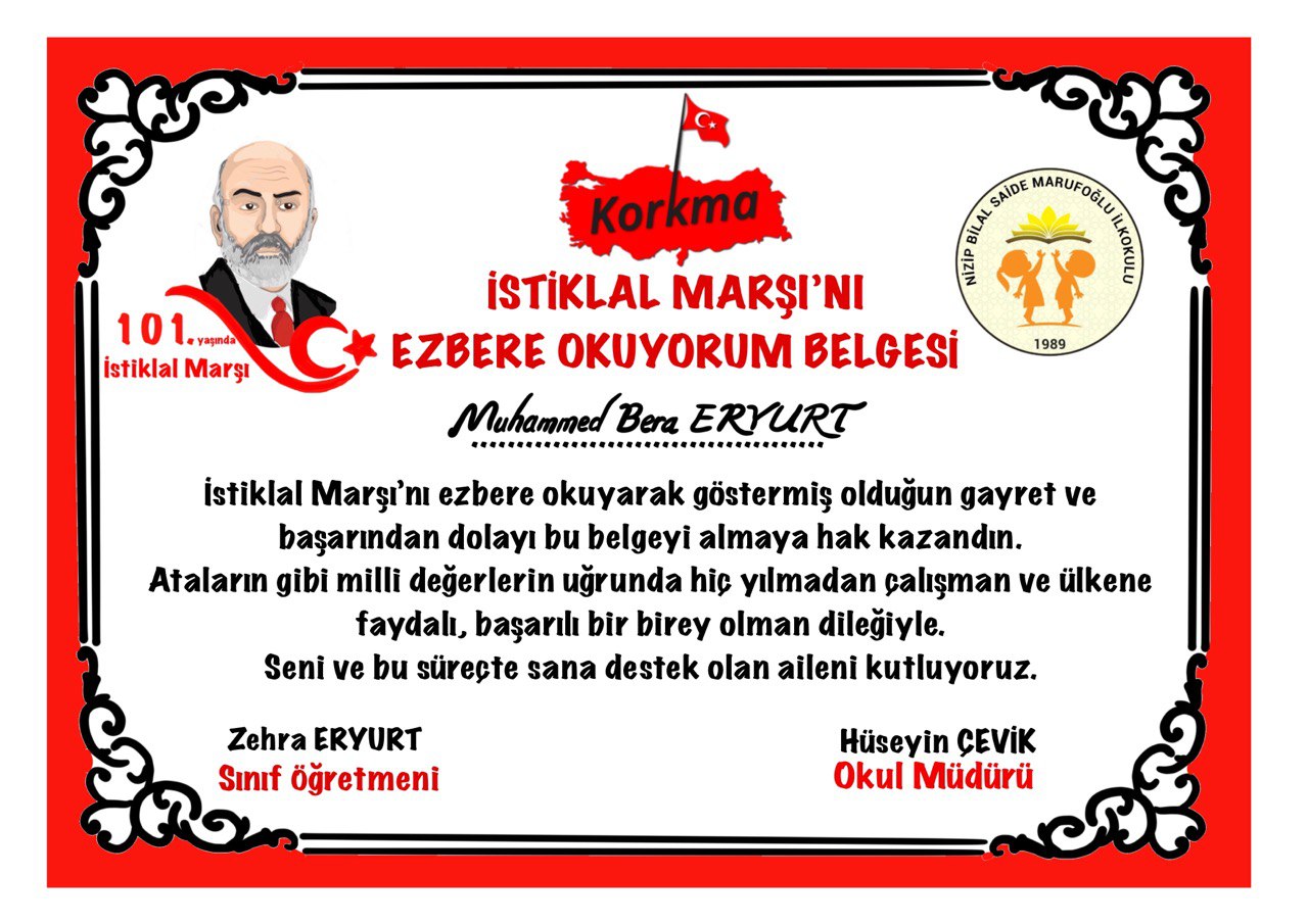 İstiklal Marşı Ezbere Okuyorum Belgeleri 2022