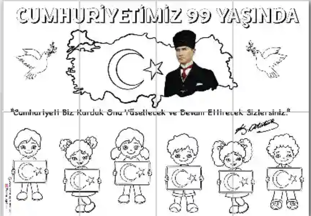 8 A4 RENKSİZ Atatürk Haritalı Cumhuriyetimiz 99 Yaşında Grup Boyama Çalışması