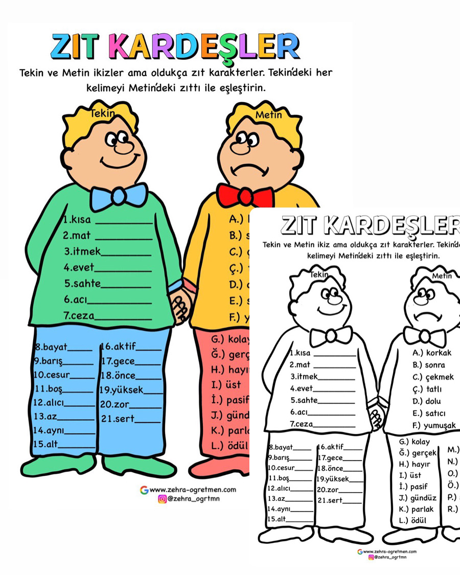 Zıt Kardeşler Zıt Anlamlı Kelimeler Etkinliği