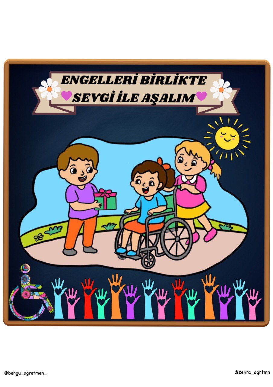 (9 a4) 3 Aralık Dünya Engelliler Günü Pano Etkinliği Çocuklar ve Çiçekli Tekerlekli Sandalye