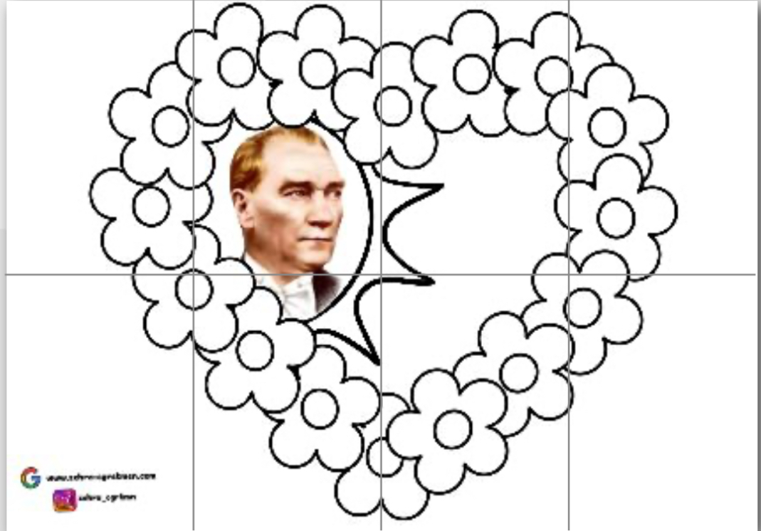 10 Kasım Gösteri Kalpli Çiçek Şablonu 8 A4 RENKSİZ