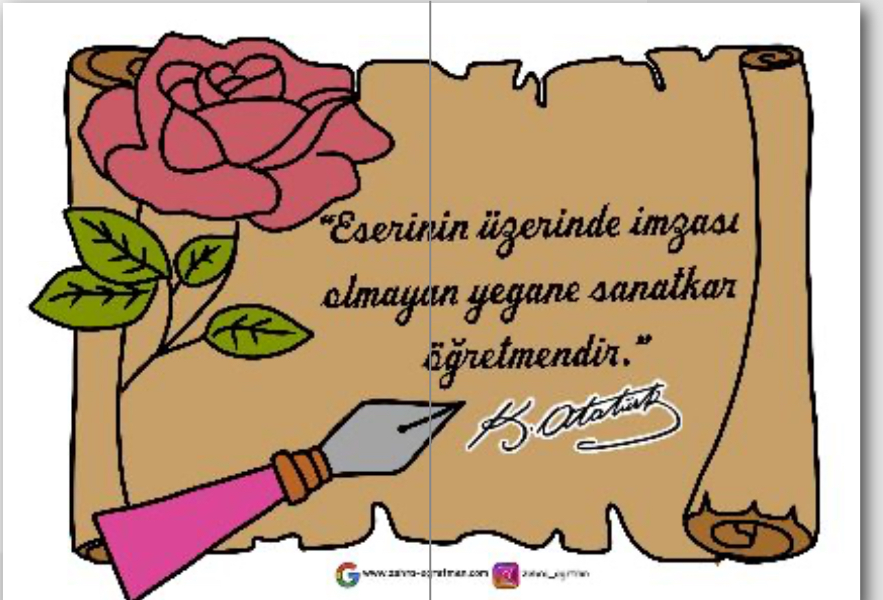 ( PANO 1)  2 A4 Eserinin Üzerinde İmzası Olmayan Yegane Sanatkar Öğretmendir Şablonu RENKLİ RENKSİZ