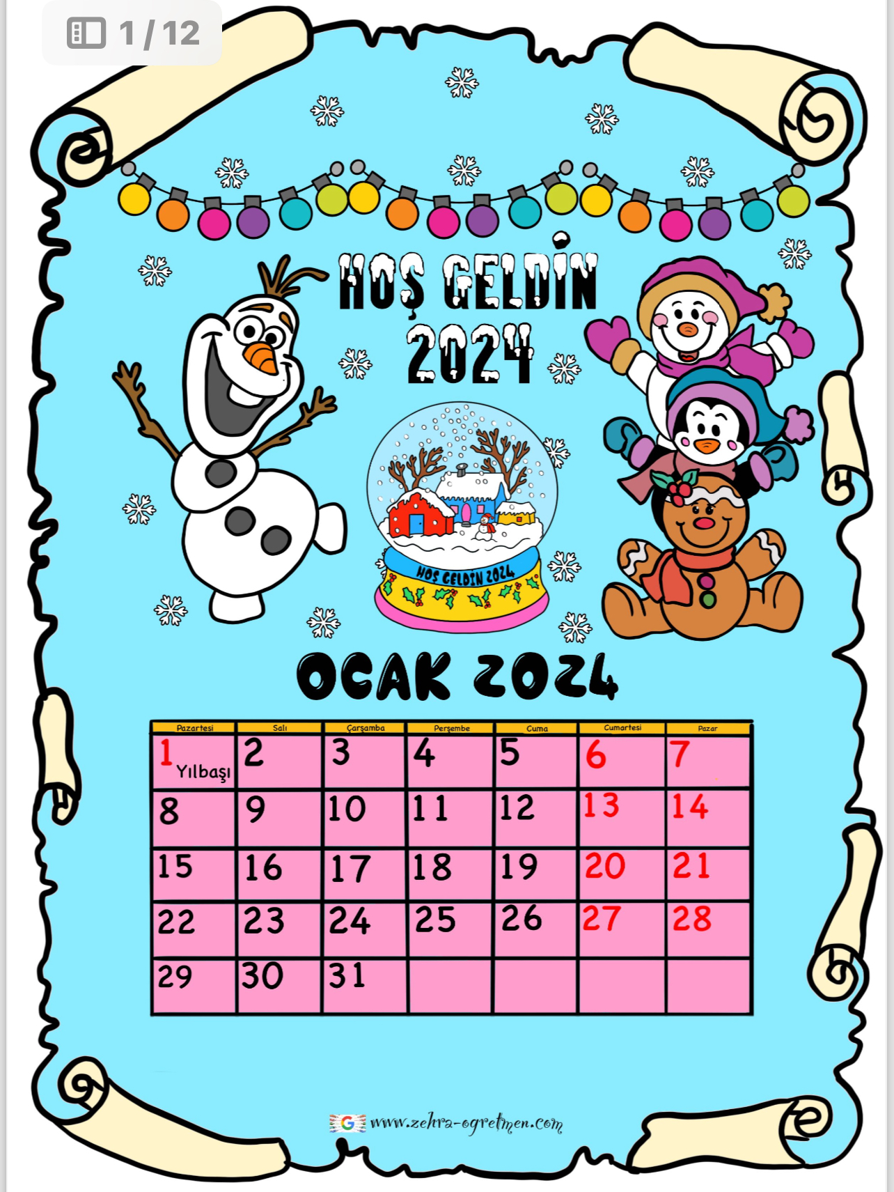 Sınıfa Asmalık 2024 Takvimi RENKLİ