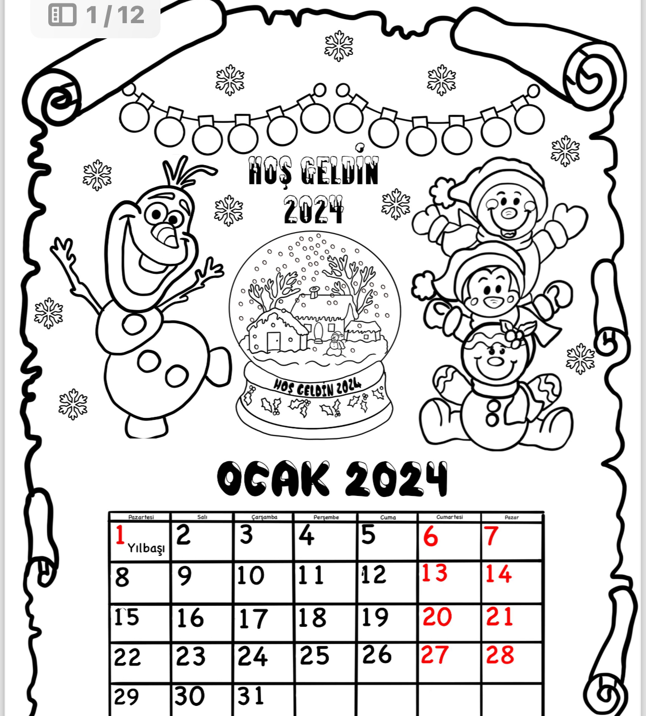 Sınıfa Asmalık 2024 Takvimi RENKSİZ