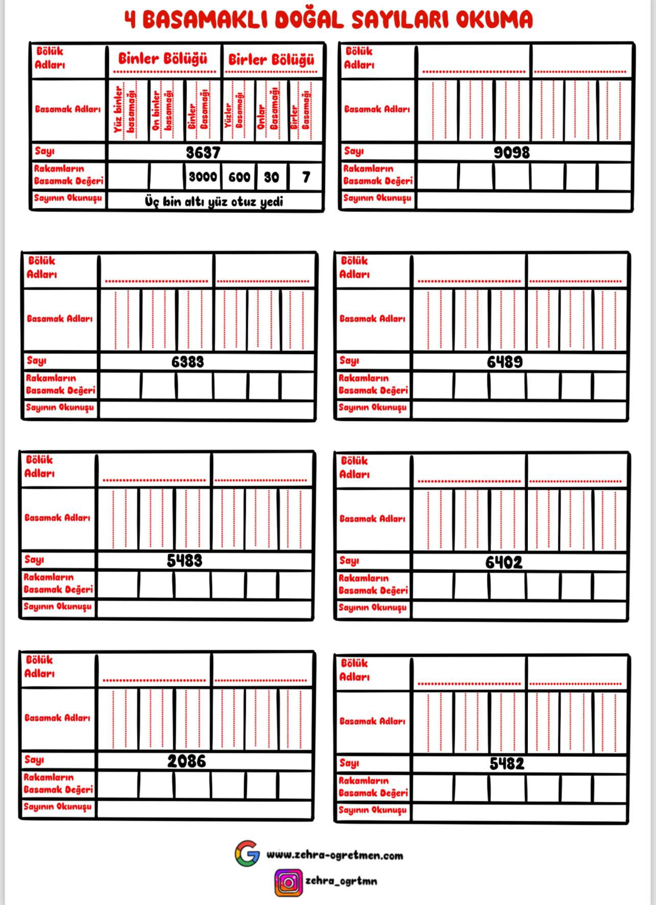 4 5 6 Basamaklı Doğal Sayıları Okuma Deftere Yapıştırmalık Etkinlik