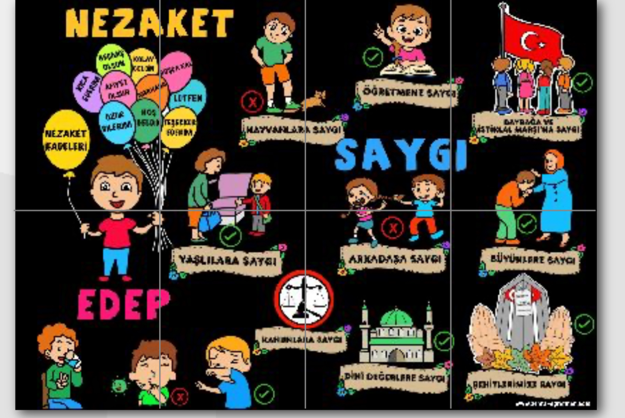 Değerler Eğitimi Edep Saygı Nezaket Panosu SİYAH ARKA PLANLI ( 8 A4)