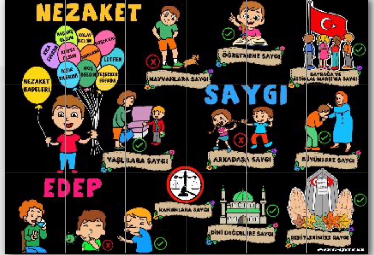 Değerler Eğitimi Edep Saygı Nezaket Panosu  SİYAH ARKA PLANLI ( 18 A4)