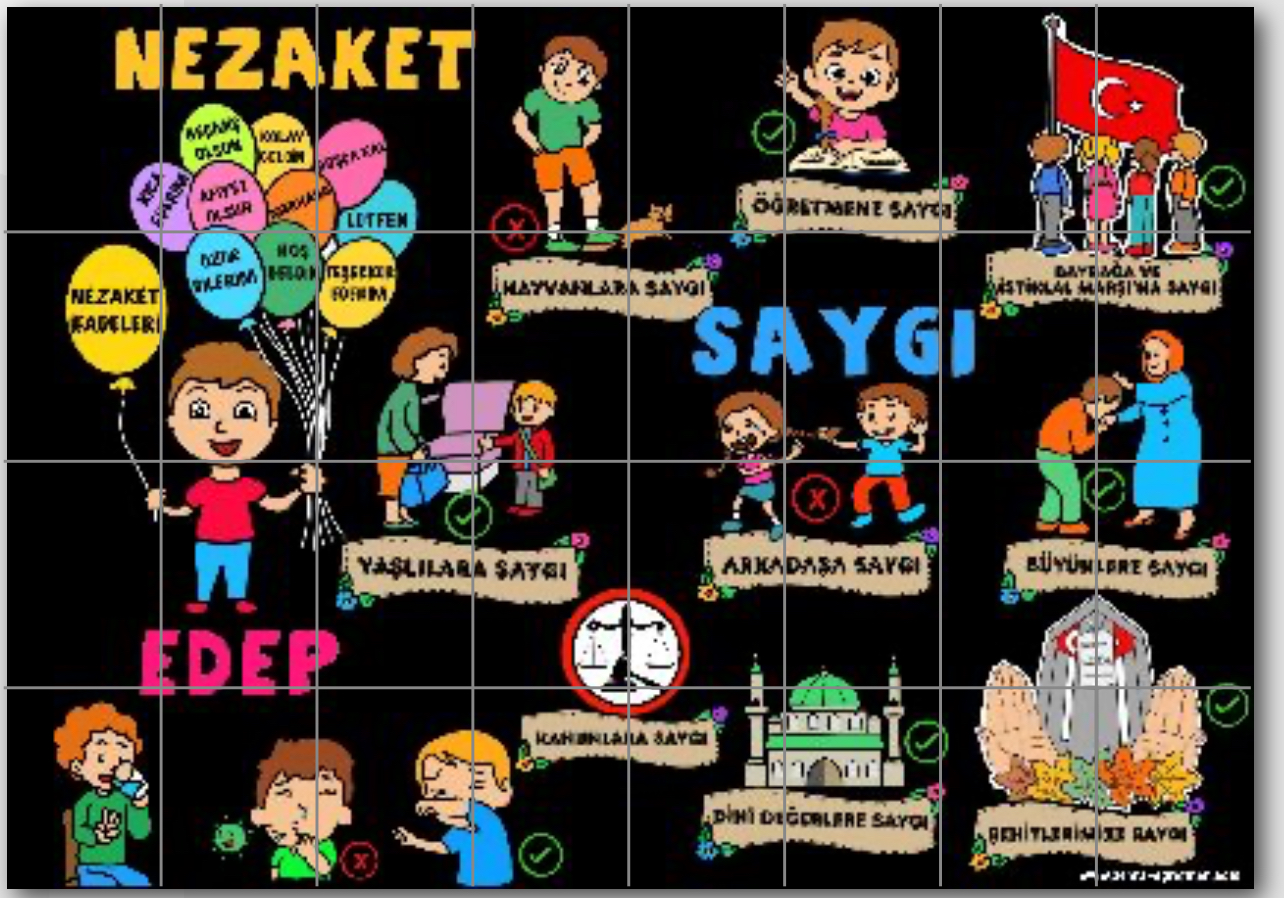 Değerler Eğitimi Edep Saygı Nezaket Panosu SİYAH ARKA PLANLI ( 32 A4)