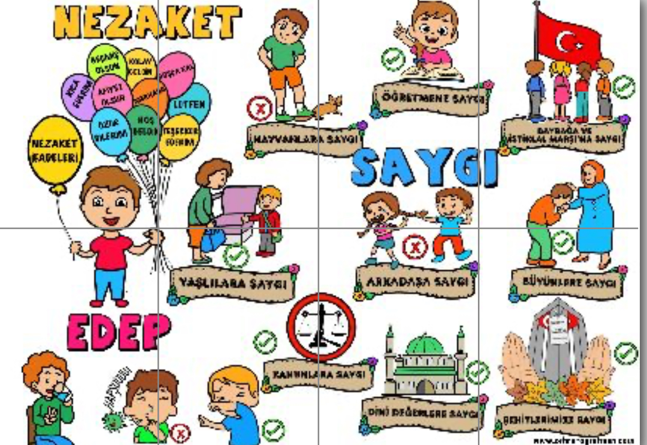 Değerler Eğitimi Edep Saygı Nezaket Panosu BEYAZ ARKA PLANLI (8 A4)