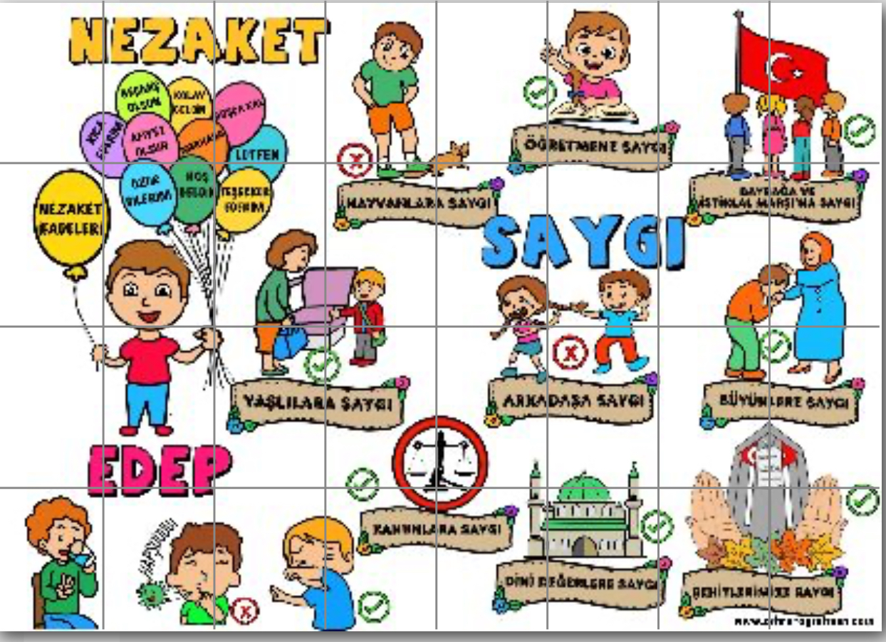 Değerler Eğitimi Edep Saygı Nezaket Panosu BEYAZ ARKA PLANLI (32 A4)